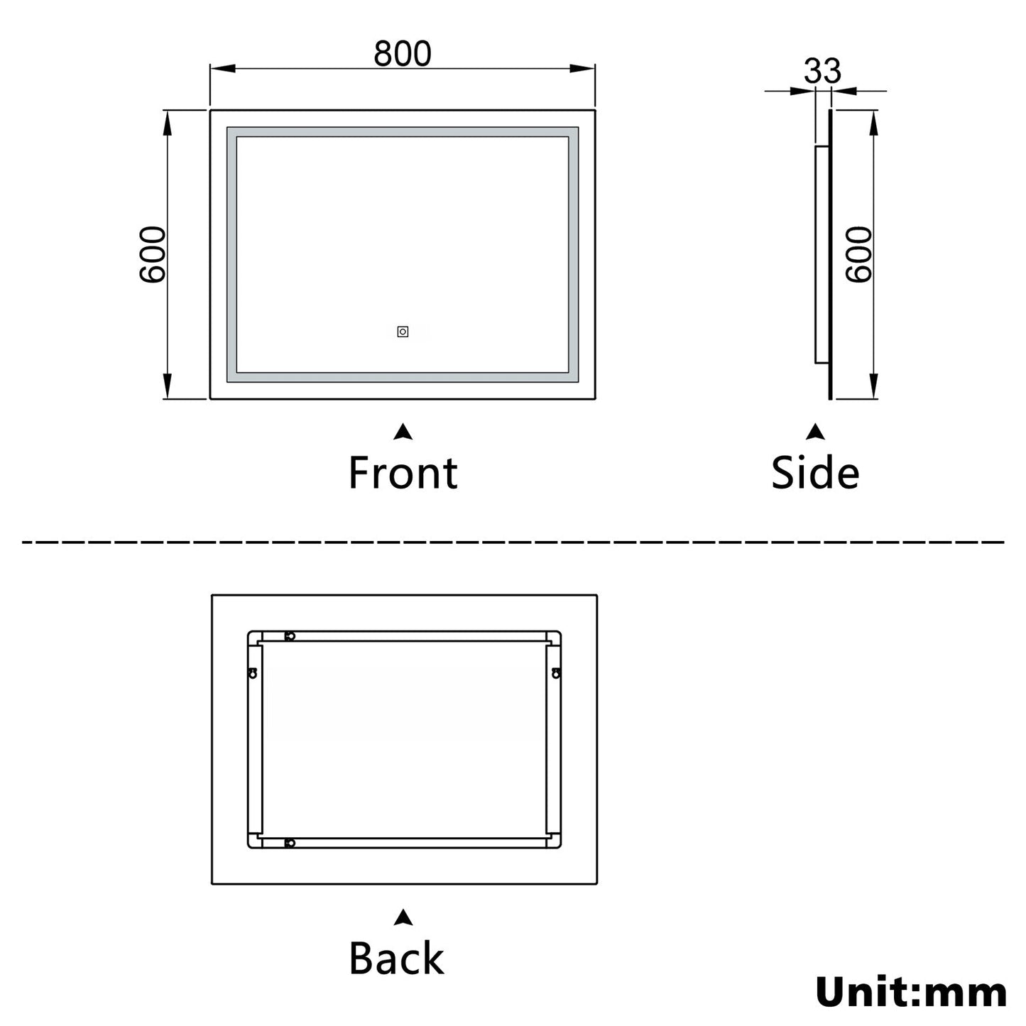 SKY 800 X 600 MM 3 Colour LED Mirror,Anti-fog,Infinitely Dimmable,Power Failure Memory,Touch wall switch