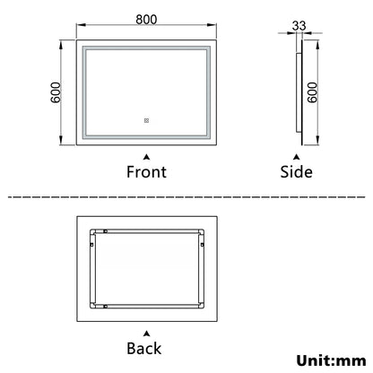 SKY 800 X 600 MM 3 Colour LED Mirror,Anti-fog,Infinitely Dimmable,Power Failure Memory,Touch wall switch