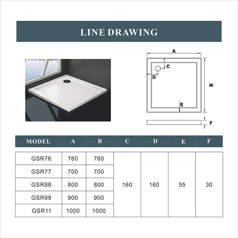 Shower Tray Enclosure Wet Room Slimline Square Rectangle Stone Tray + Free Waste