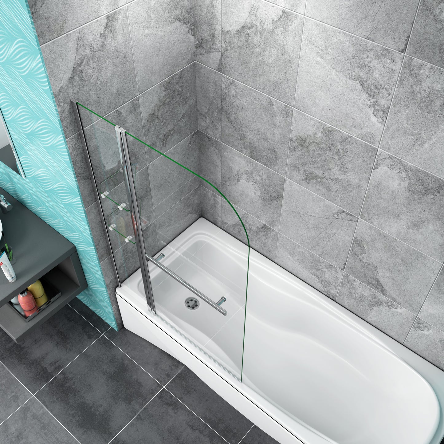 Pivot Bath Shower Screen 1200x1400mm With Glass Shelves & Towel Rail