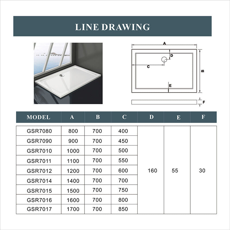 Shower Tray Enclosure Wet Room Slimline Square Rectangle Stone Tray + Free Waste