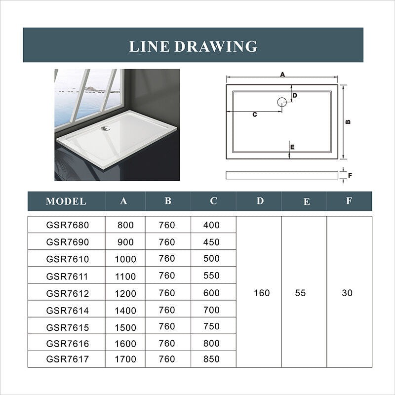 Shower Tray Enclosure Wet Room Slimline Square Rectangle Stone Tray + Free Waste