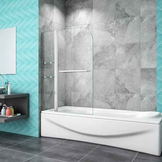 Pivot Bath Shower Screen 1200x1400mm With Glass Shelves & Towel Rail