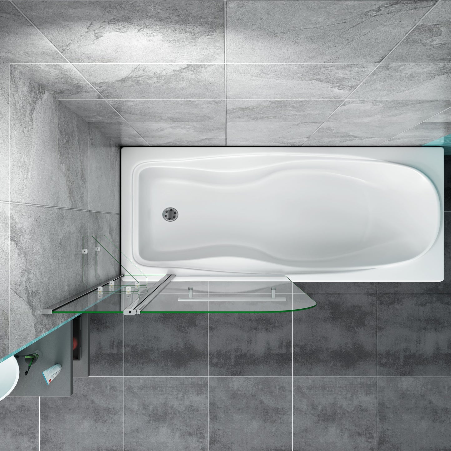 Pivot Bath Shower Screen 1200x1400mm With Glass Shelves & Towel Rail