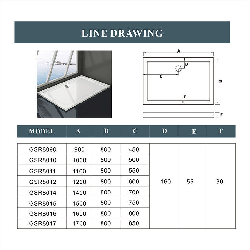 Shower Tray Enclosure Wet Room Slimline Square Rectangle Stone Tray + Free Waste