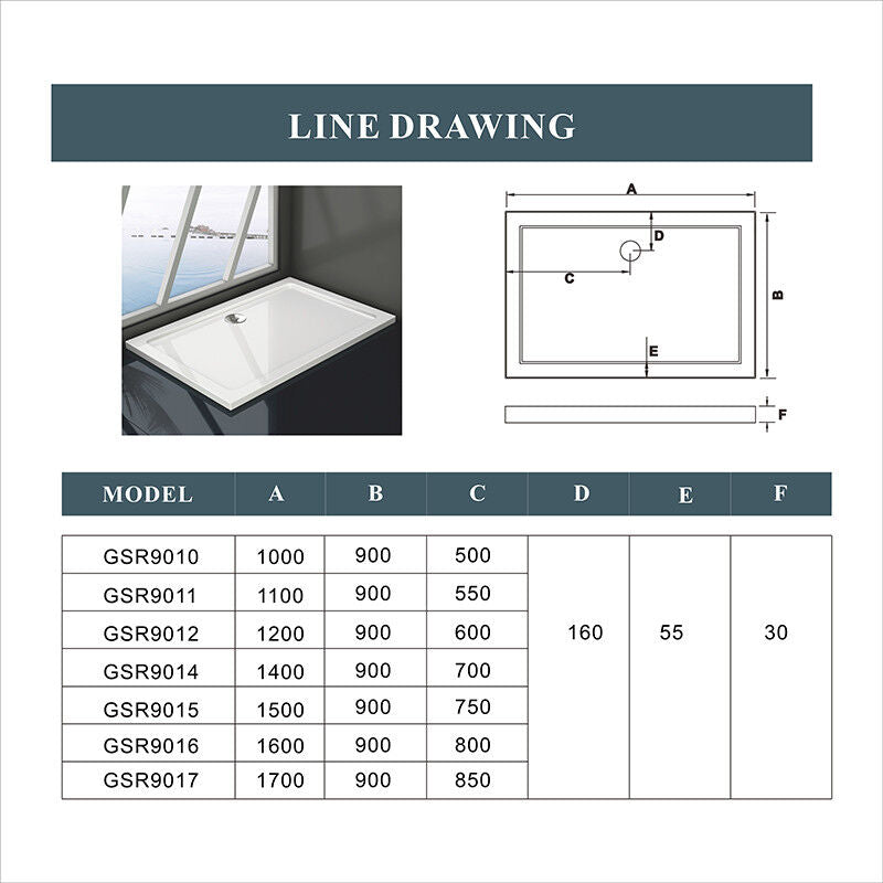 Shower Tray Enclosure Wet Room Slimline Square Rectangle Stone Tray + Free Waste