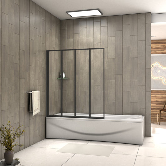 Matt Black 4 Fold Folding Bath Screen Shower Bathroom 4mm Glass Panel 900x1400