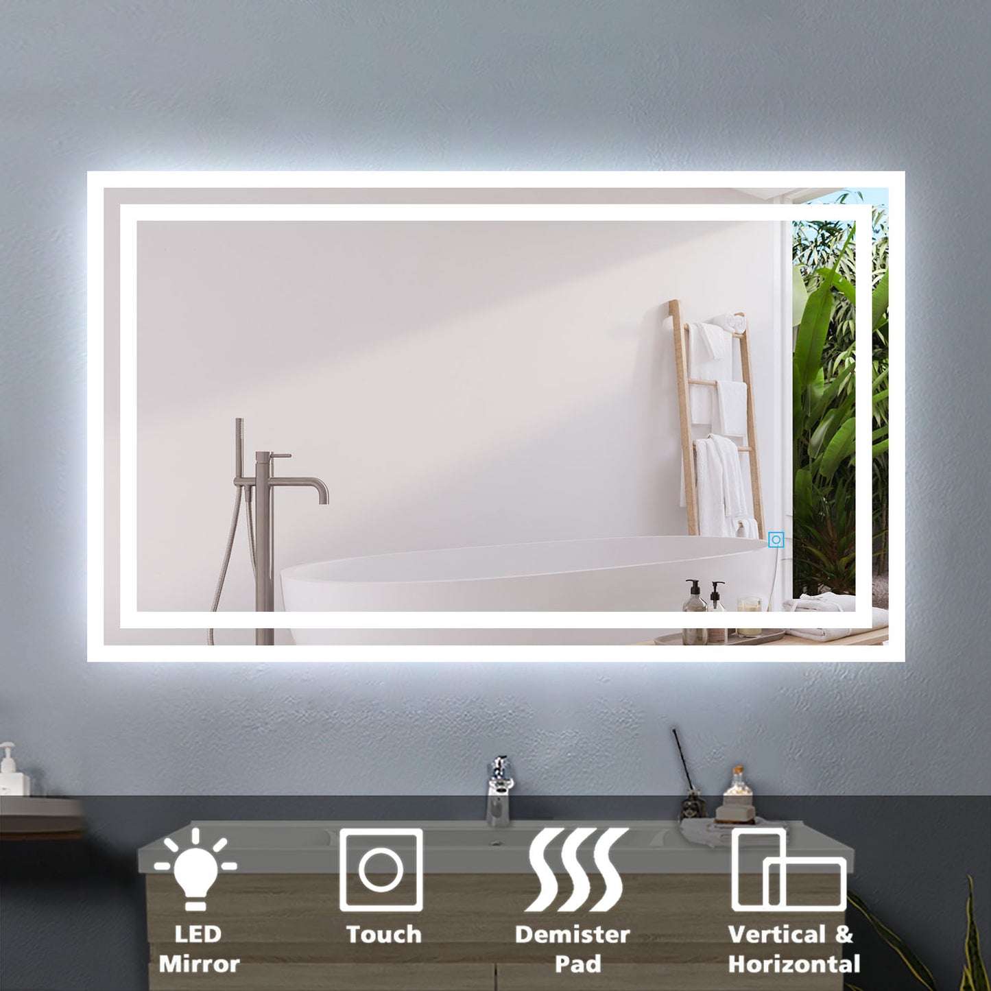 Bathroom Mirror with LED Lights, Anti Fog Touch Switch 900x700mm Vertical or Horizontal
