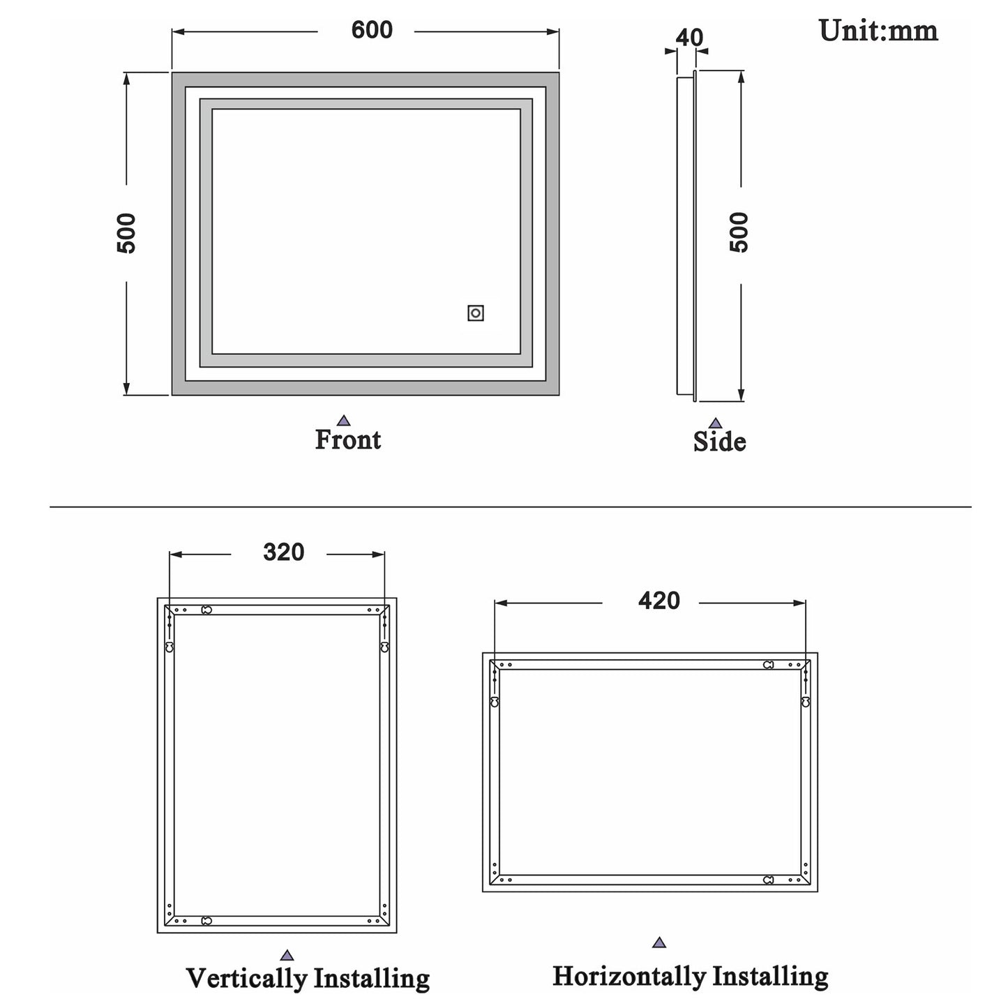 Bathroom Mirror with LED Lights, Touch Switch 600x500 500x600 LED Bathroom Mirror