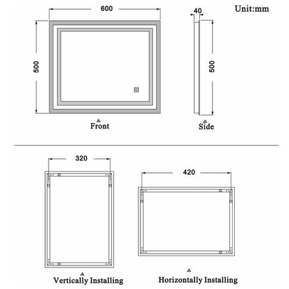 Bathroom Mirror with LED Lights, Touch Switch 600x500 500x600 LED Bathroom Mirror