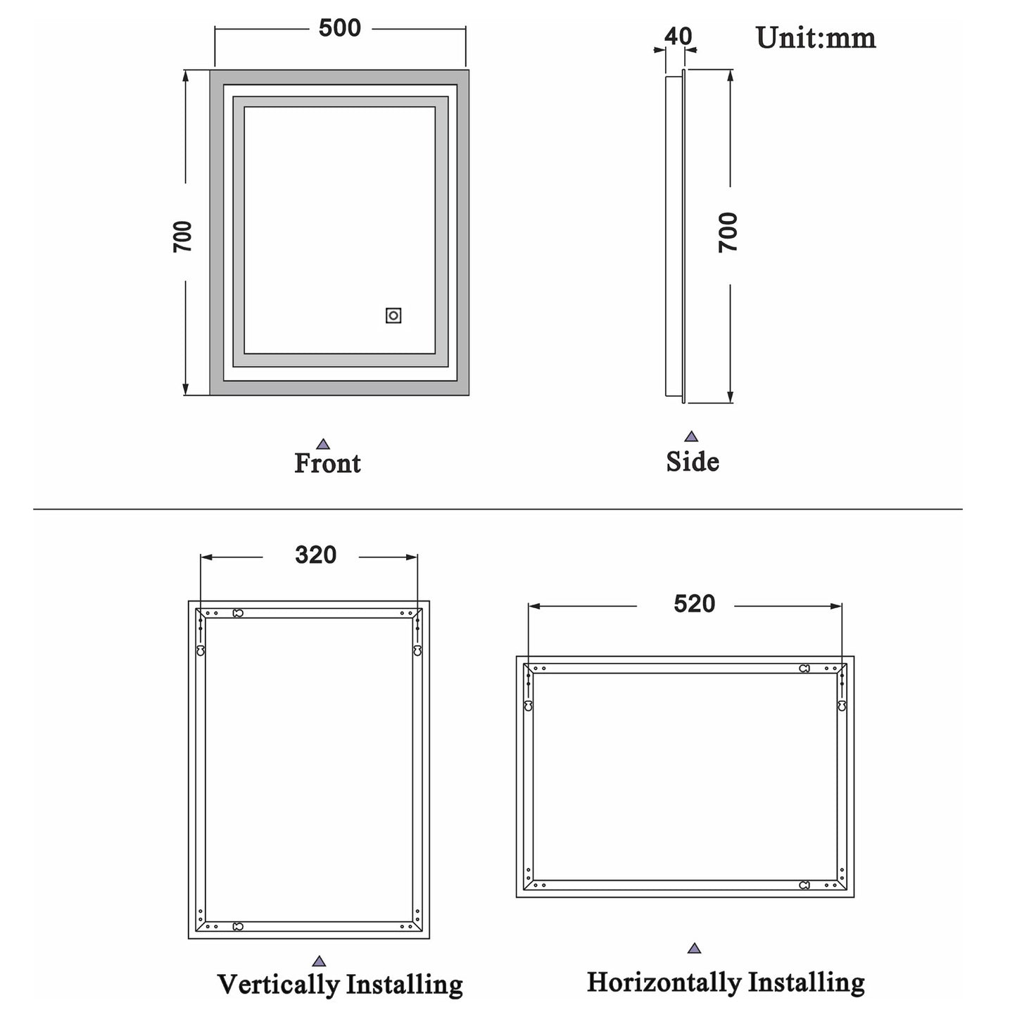 Bathroom LED Mirror, Anti Fog Touch Switch 500x700 700x500mm IP44 Waterproof Dustproof