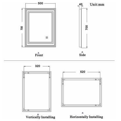 Bathroom LED Mirror, Anti Fog Touch Switch 500x700 700x500mm IP44 Waterproof Dustproof