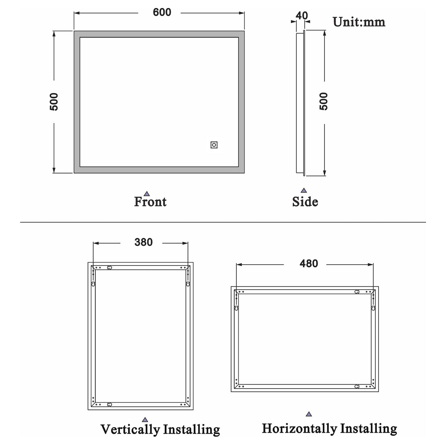 700x500mm LED Bathroom Mirror, Anti Fog Touch Switch Vanity Wall Mounted Vertical or Horizontal