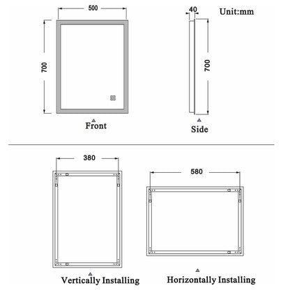 700x500mm LED Bathroom Mirror, Anti Fog Touch Switch Vanity Wall Mounted Vertical or Horizontal