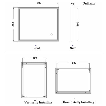 700x500mm LED Bathroom Mirror, Anti Fog Touch Switch Vanity Wall Mounted Vertical or Horizontal