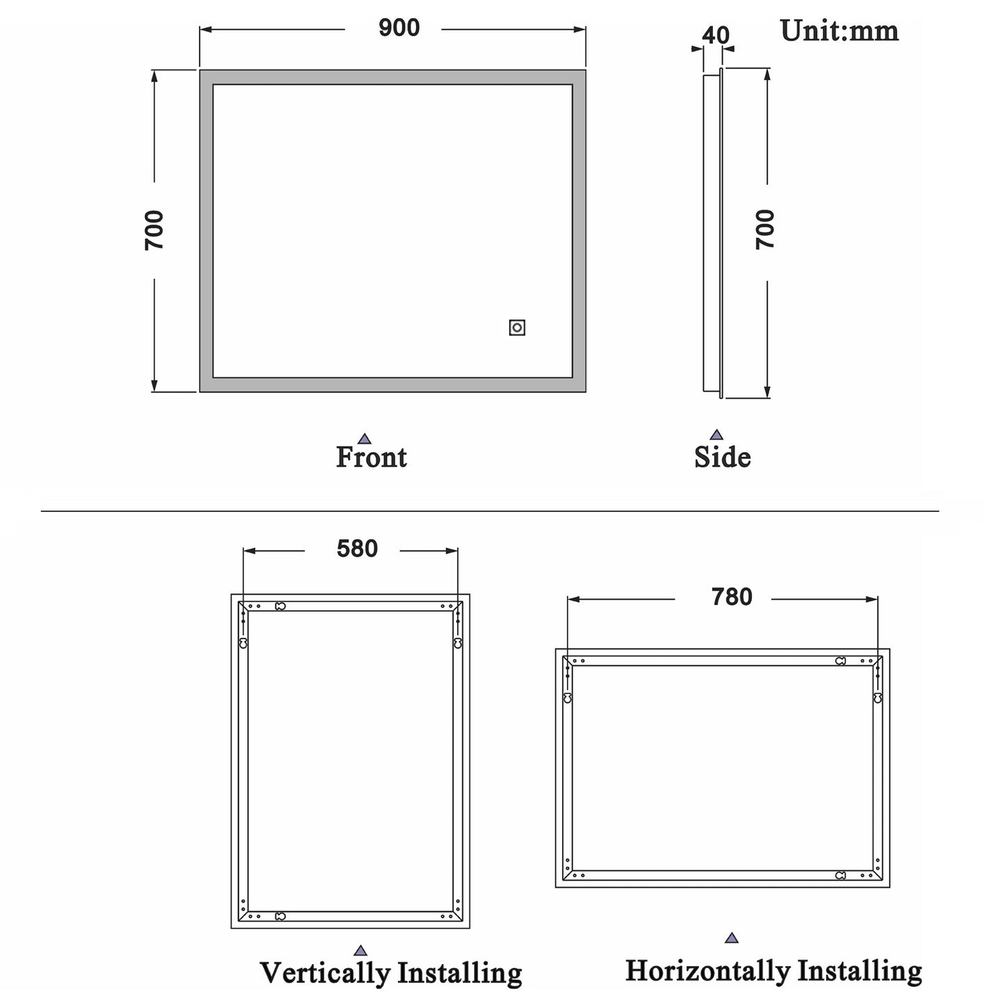 700x500mm LED Bathroom Mirror, Anti Fog Touch Switch Vanity Wall Mounted Vertical or Horizontal