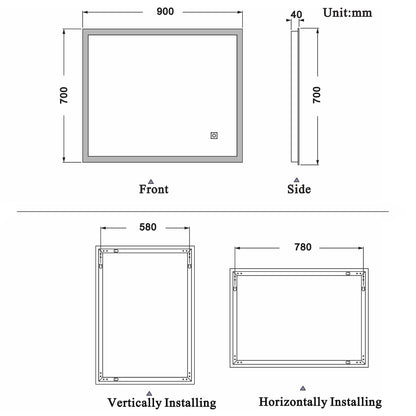 700x500mm LED Bathroom Mirror, Anti Fog Touch Switch Vanity Wall Mounted Vertical or Horizontal