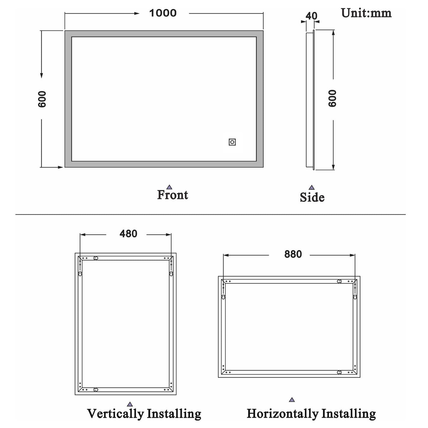 700x500mm LED Bathroom Mirror, Anti Fog Touch Switch Vanity Wall Mounted Vertical or Horizontal