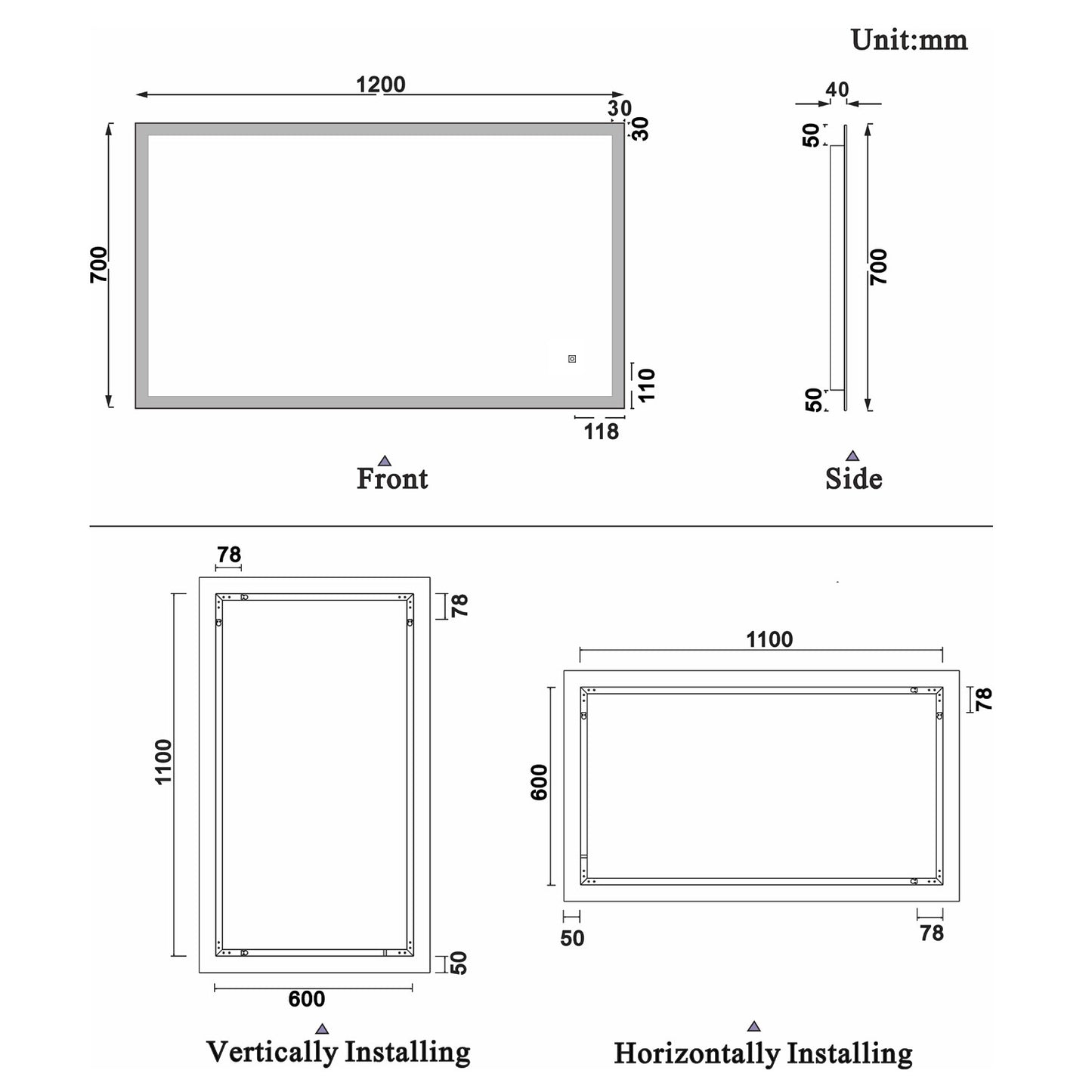 700x500mm LED Bathroom Mirror, Anti Fog Touch Switch Vanity Wall Mounted Vertical or Horizontal