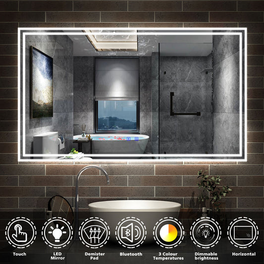 LED Bathroom Mirror, Bluetooth Speakers Dimmable Demister Wall Mounted 1200x700mm