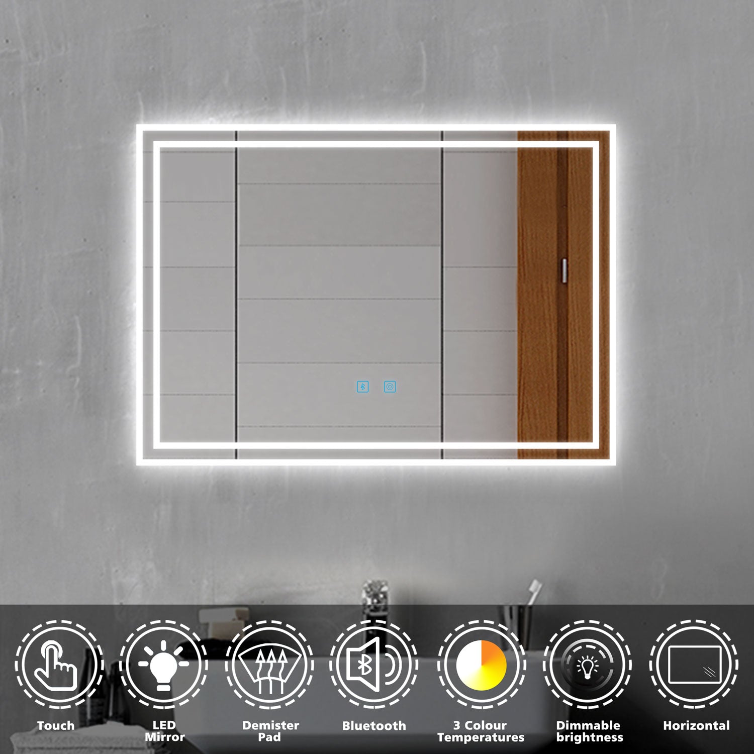 Bluetooth Bathroom Mirror with 3 LED Light Colors, 700x500MM Illuminat ...