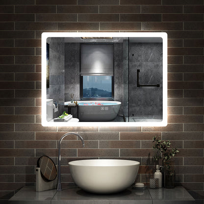 Bathroom Mirror with LED Lights, Bluetooth Speakers, Dimmable 3 Colors, Demister Pad