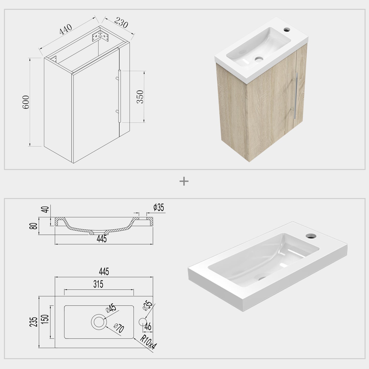 Bathroom Wash Stands Vanity Units Wall Hung Compact Basin Door Unit Grey or Golden Oak