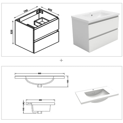 Bathroom Vanity Unit Basin Sink Wall Hung Soft Close Drawers Storage Cabinet, White/Grey