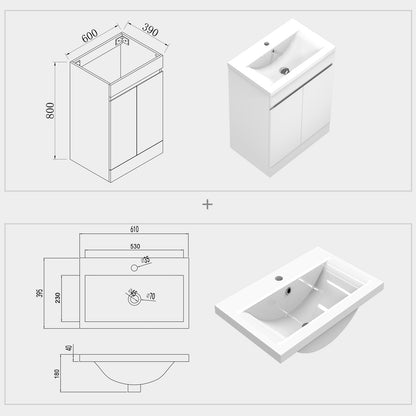 500mm 600mm Bathroom Vanity Unit with Basin, Freestanding Cabinet Sink, MDF Board, White or Grey