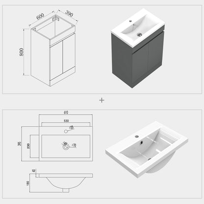 500mm 600mm Bathroom Vanity Unit with Basin, Freestanding Cabinet Sink, MDF Board, White or Grey