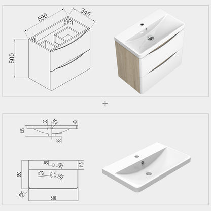 Bathroom Wall Hung Vanity Unit with Sink, with 2 White Drawers, Oak Body