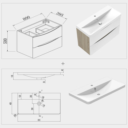 Bathroom Wall Hung Vanity Unit with Sink, with 2 White Drawers, Oak Body