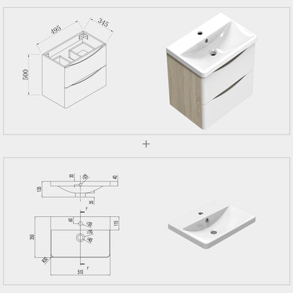 Bathroom Wall Hung Vanity Unit with Sink, with 2 White Drawers, Oak Body